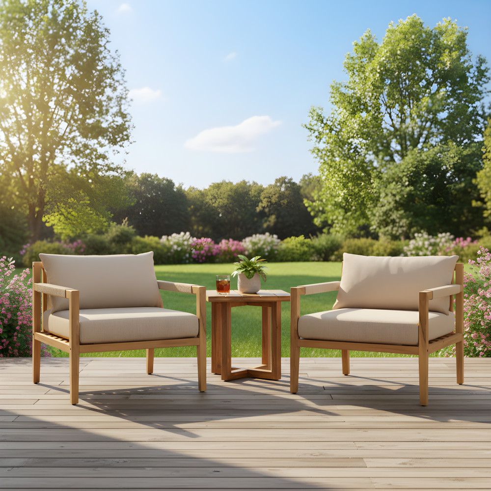 Acacia Wood Rope Chair Patio Set with Table & Beige Cushions