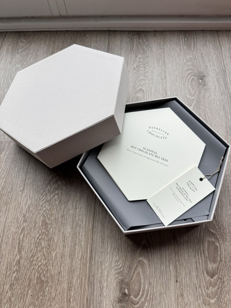 Dandelion Chocolate Hexagon Gift Box, Solid Gray White, Specialty Packaging