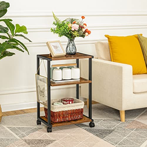 Mobile Printer Stand, 3-Tier Printer Cart Under Desk with Rustic Brown + Black
