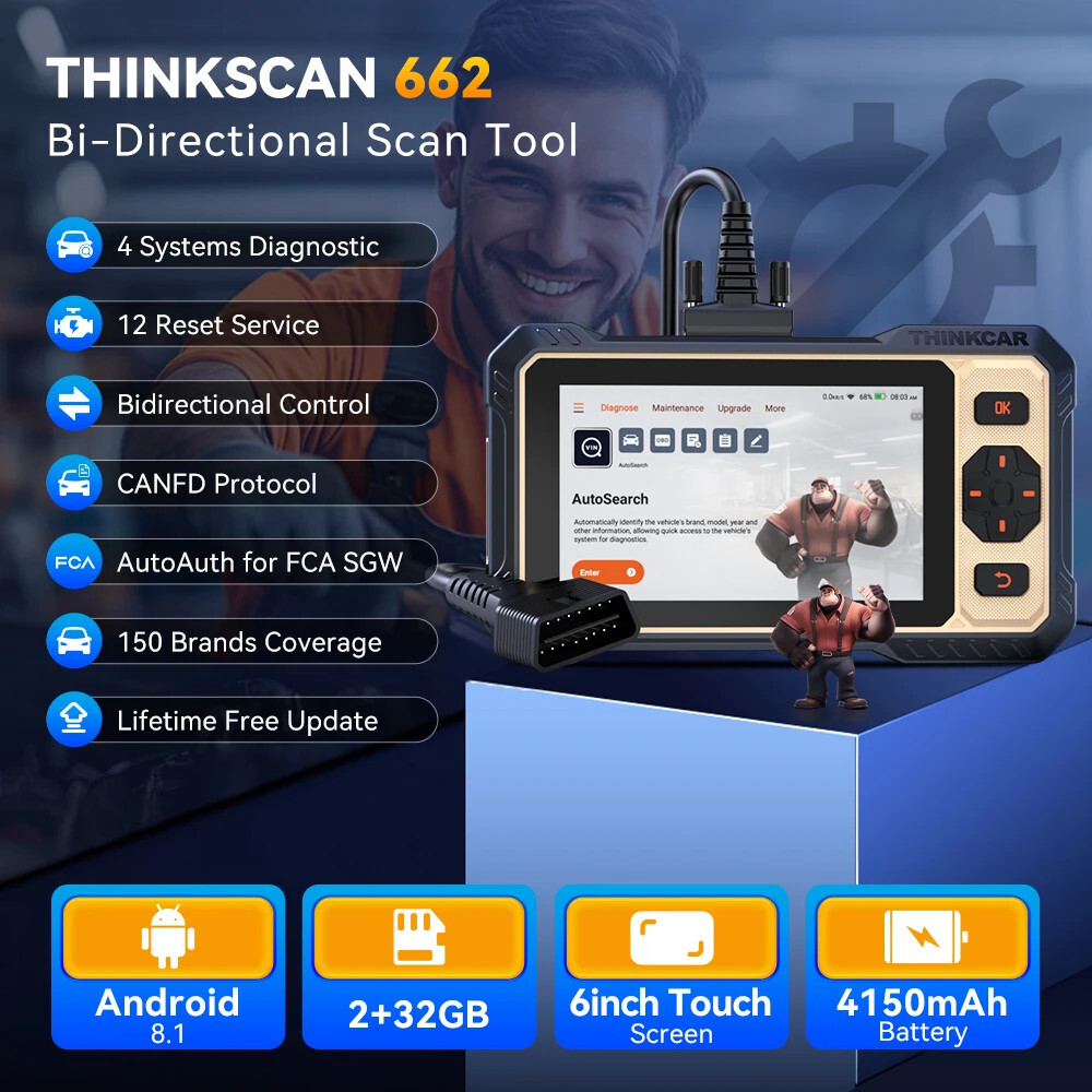 ThinkScan 662 OBD2 Scanner ABS SRS Engine Diagnostic Tool Active Test 12+Service