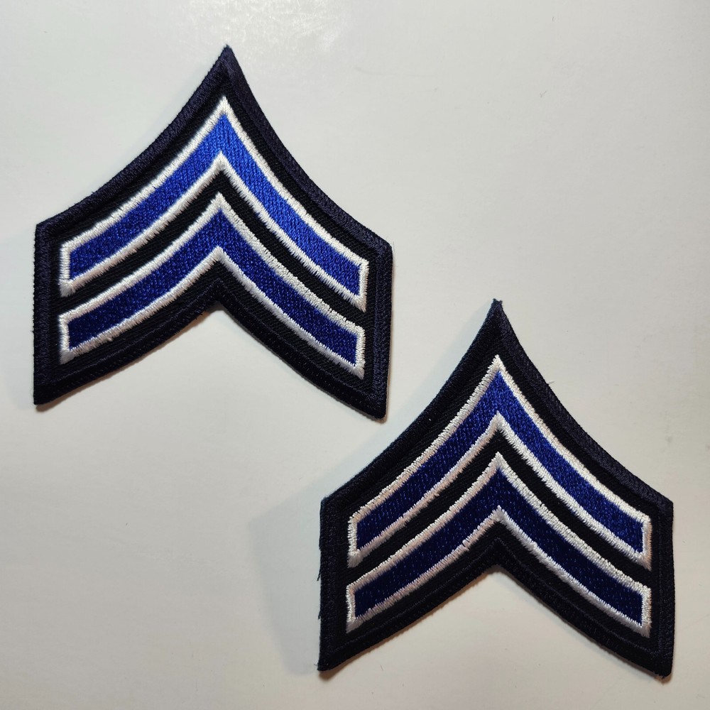 (2) Corporal Chevron Patch 3" - 2 stripes White & Royal on Navy (Navy border)