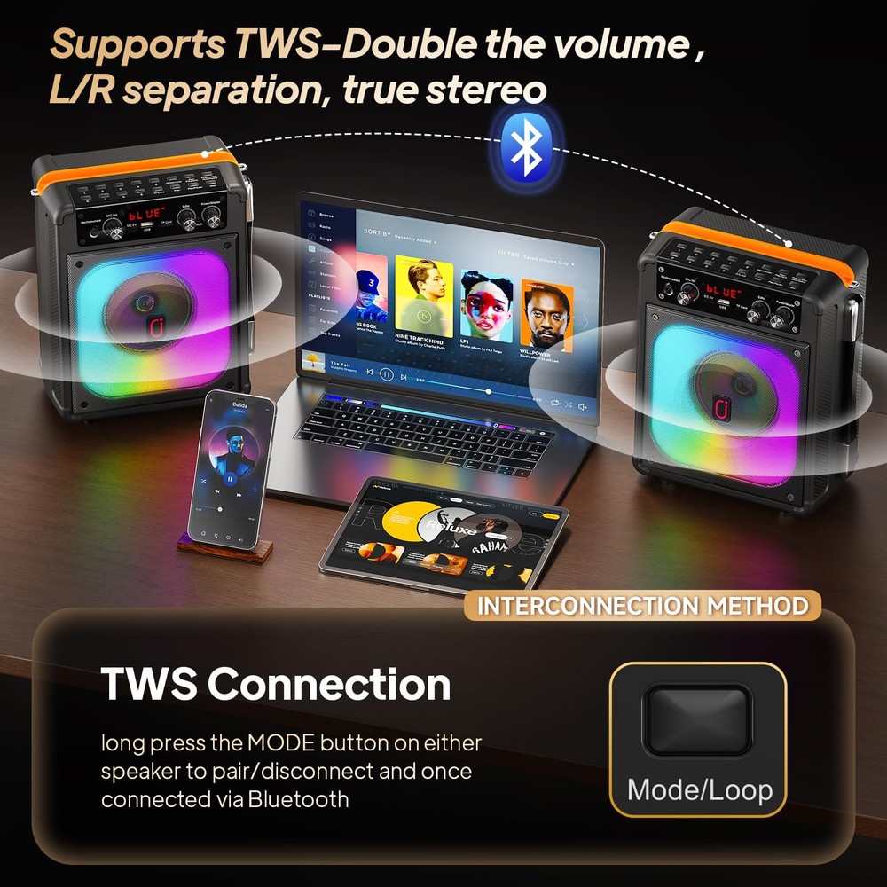 Karaoke Machine, Portable Bluetooth 5.3 Speaker with 2 Wireless 0 Delay Micro...