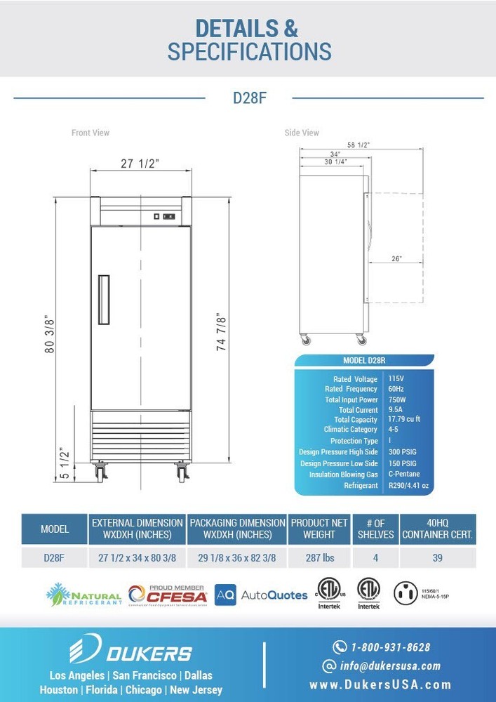 DUKERS D28F, BOTTOM Mount 1-Door FREEZER