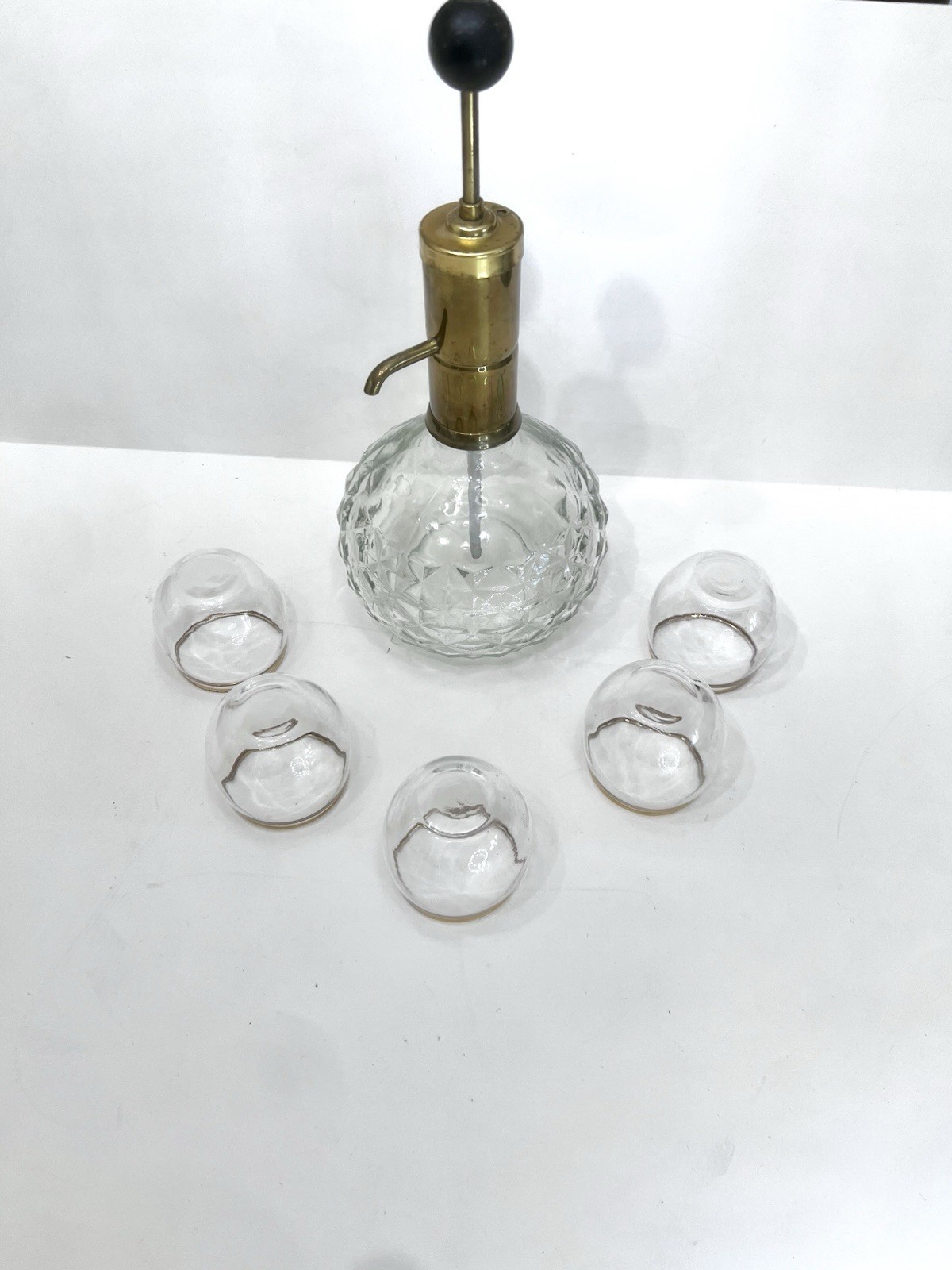 Vintage Park Sherman Liquor Dispenser Set with Brass Pump and 6 Gold Rim Glasses