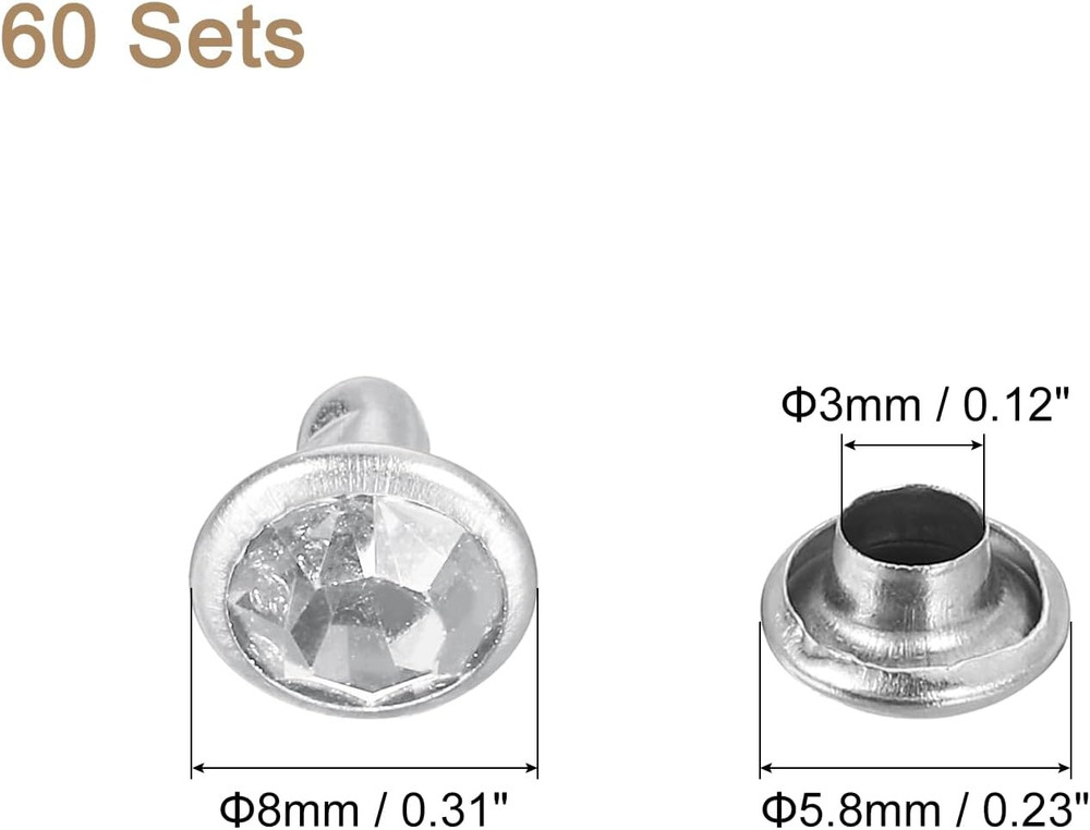 60 Sets Rhinestone Rivets, 8Mm Leather Rivets Crystal Rivets Stud Rapid Double C