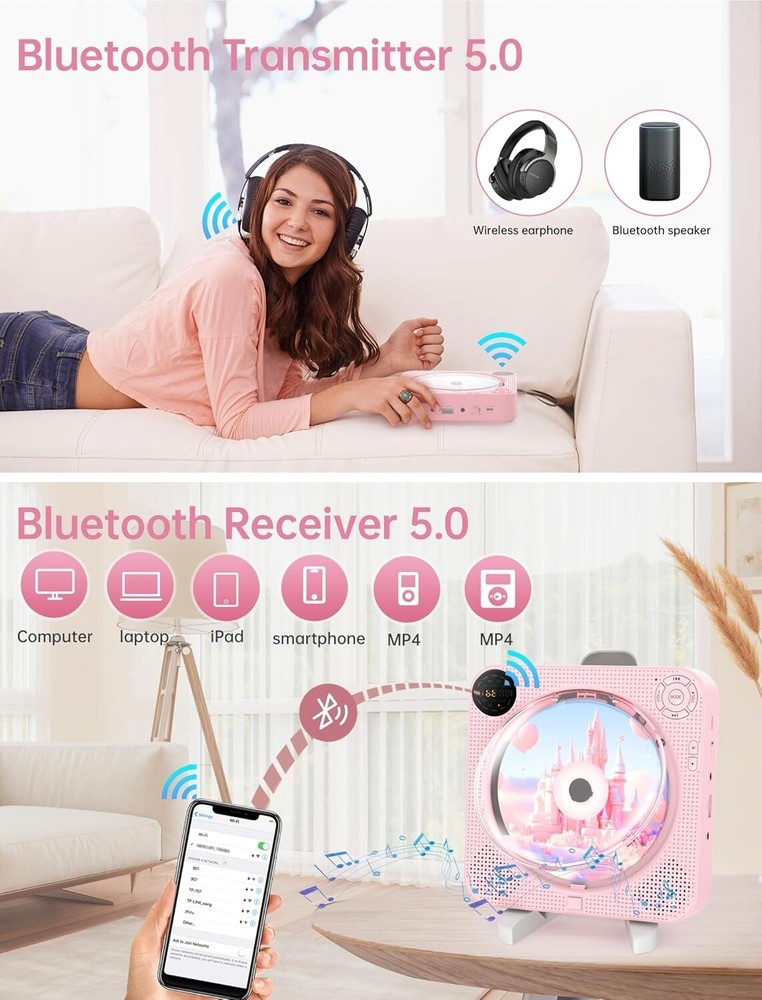 Portable CD Player with Bluetooth CD Player for Home, Rechargeable Small CD P...