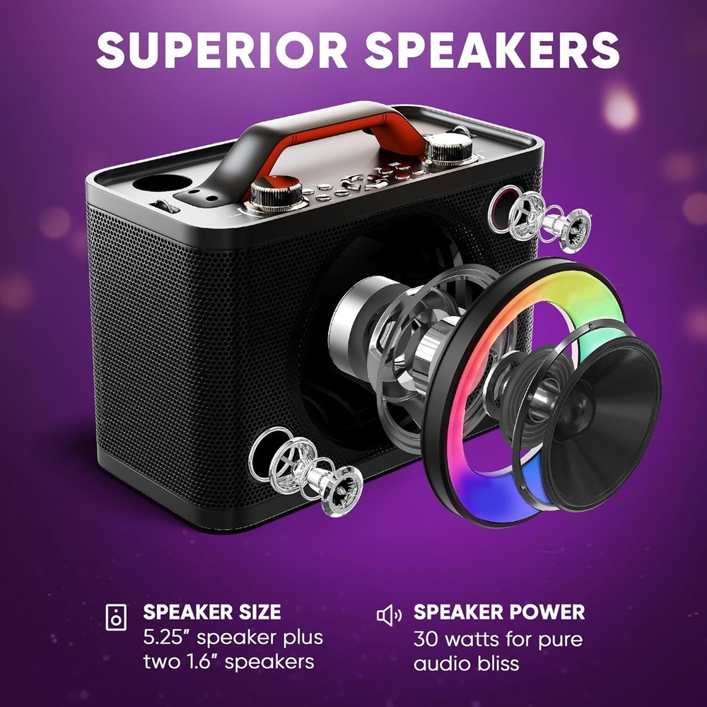 MASINGO Sonoro G5 Karaoke Machine – 2 Wireless Mics, LED Lights - Black