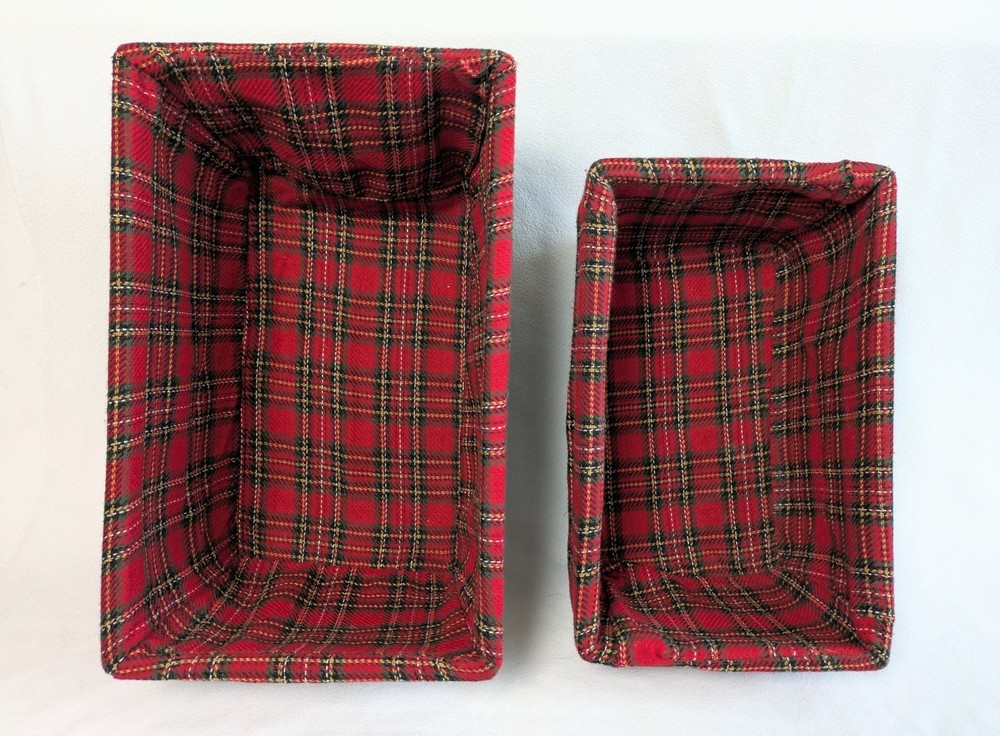 Split Reed Wicker Rectangle Nesting Baskets Holiday Plaid Fabric Lined Set Of 2