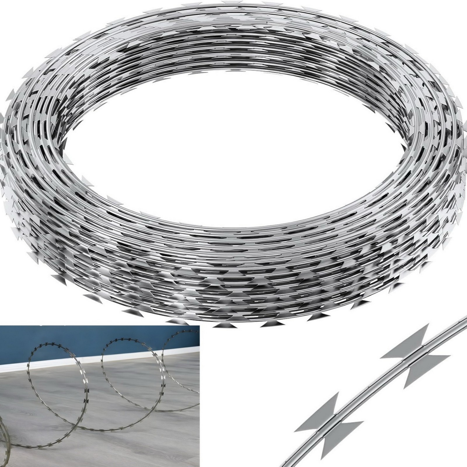50FT Double Spirals Barbed Razor Wire Roll Wall Fence Security Fencing Galvanize