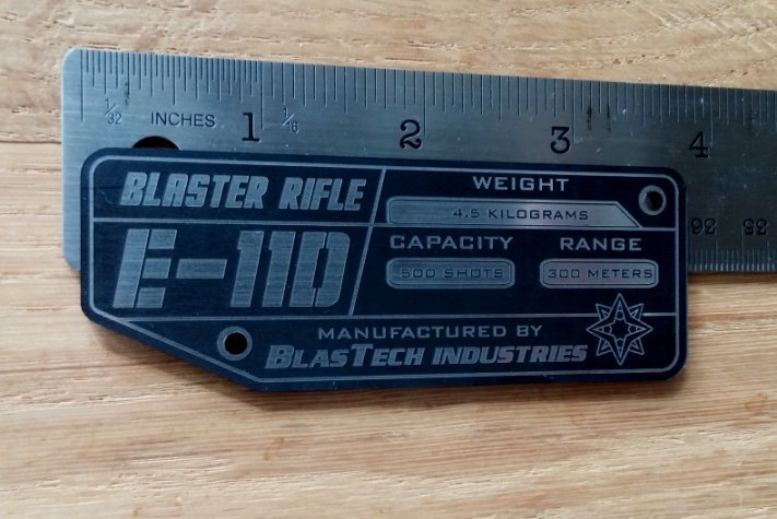 CUSTOM E-11D BLASTER RIFLE SPECIFICATIONS DATA PLATE STAR WARS DEATH TROOPER