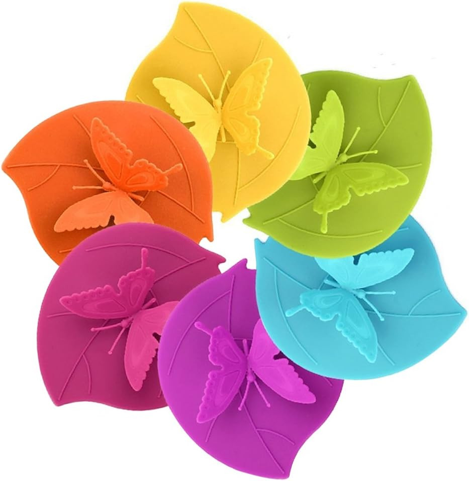 Food Grade Silicone Cup Lids, IPHOX Creative Butterfly Mug Cover [Set of 6]