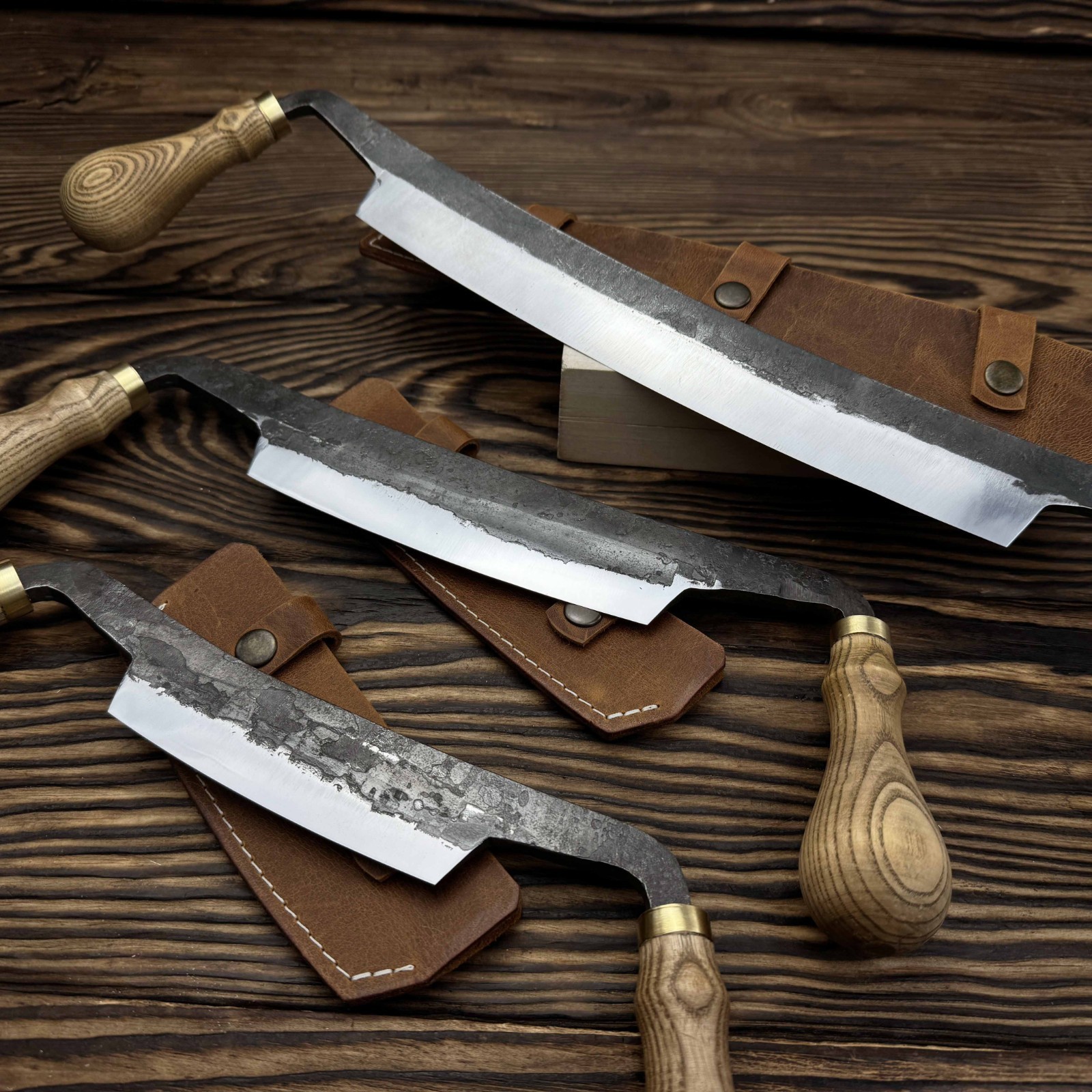 Straight Drawknife Hand-Forged 3-piece Set Ash Handles Steel Blades Gift.