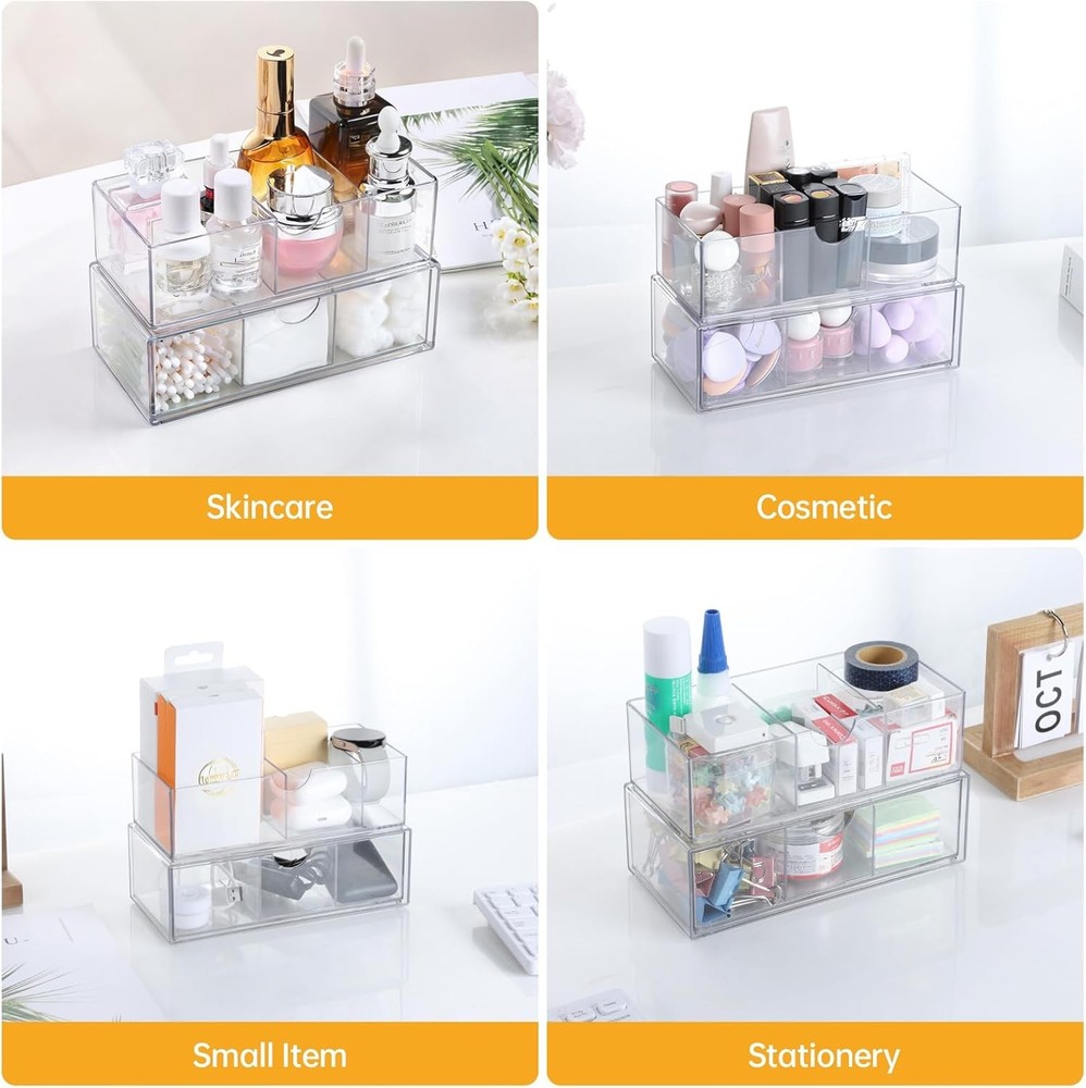 Medicine Cabinet Organizer 2 Pack Stackable Storage Drawers W/ Removable Divider