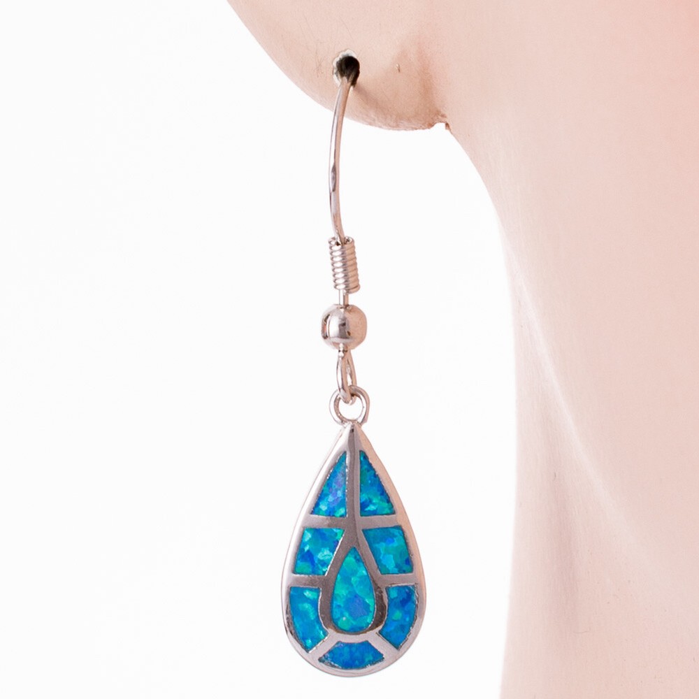 Teardrop Shape Ocean Blue Fire Opal Silver Jewelry Dangle Drop Earrings