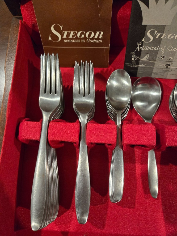 Stegor Stainless Gorham PACE 54pc Flatware Set w Box & Papers Mid Century