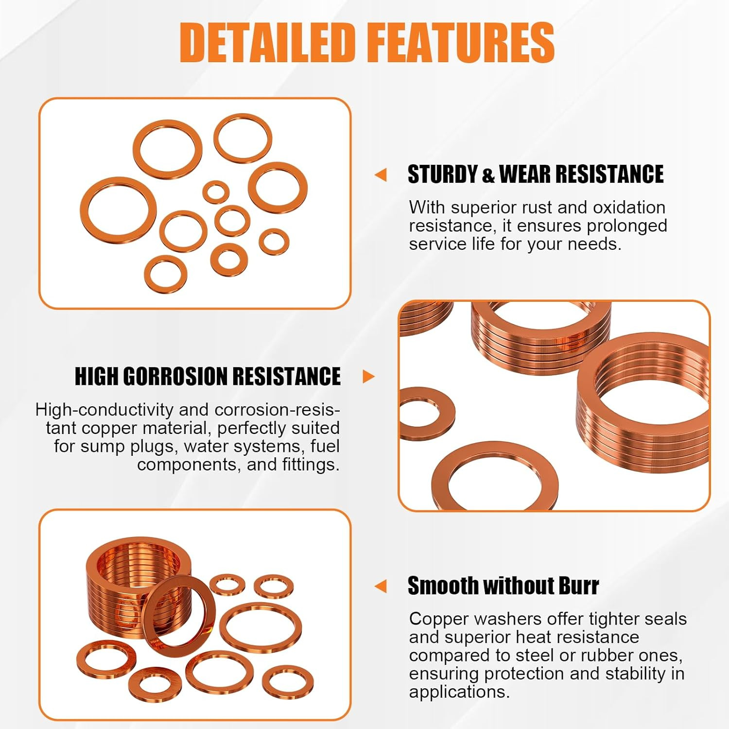 Oil Drain Plug Washer, 100 PCS Copper Crush Gasket Assortment Kit – 10 Different