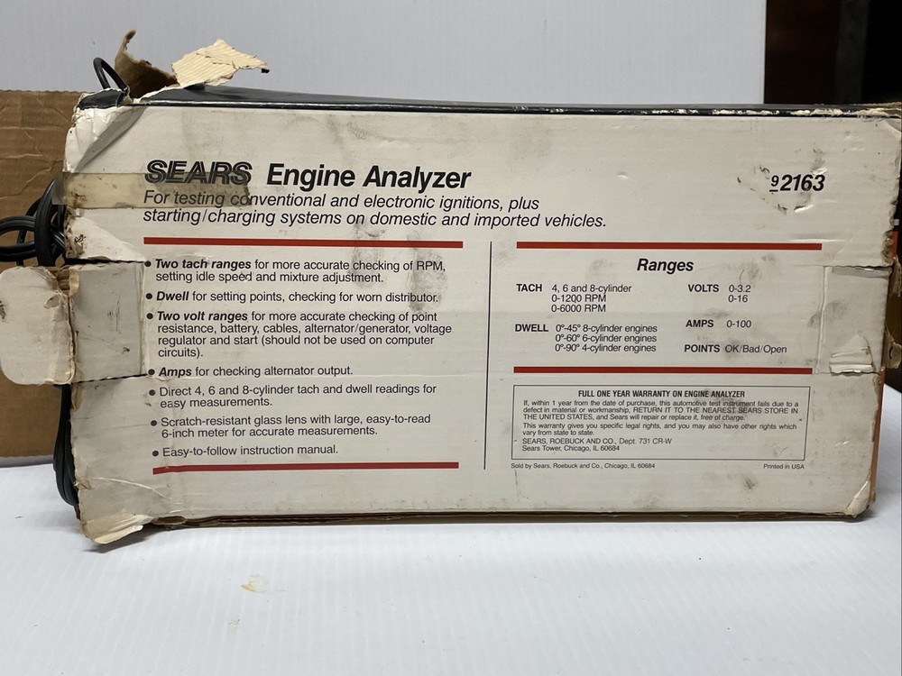 Sears Solid State Electronic Engine Analyzer Model 161.216300 Made USA *UNTESTED
