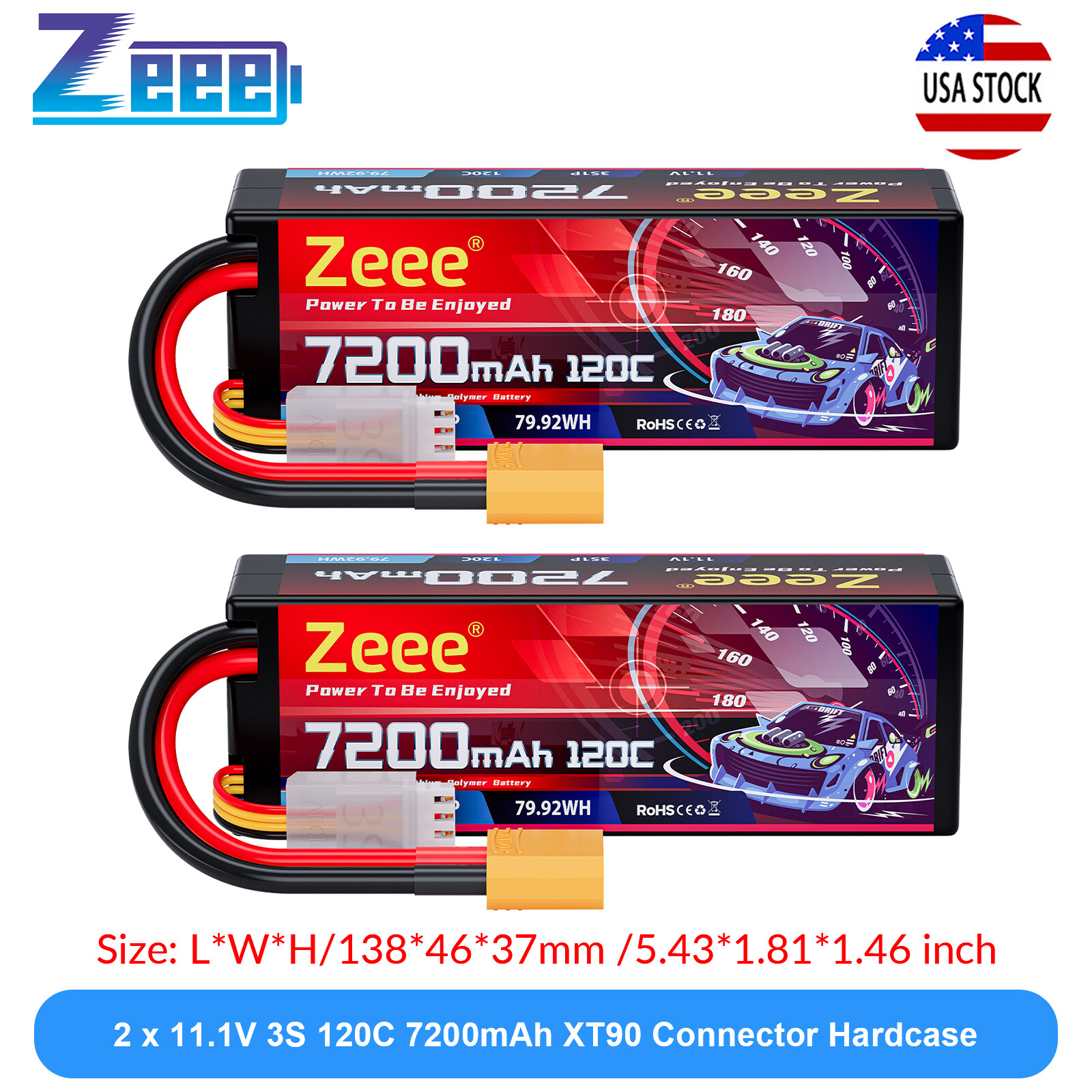 2x Zeee 3S LiPo Battery 7200mAh 11.1V 120C XT90 for 1/8 1/10 RC Car Truck Buggy