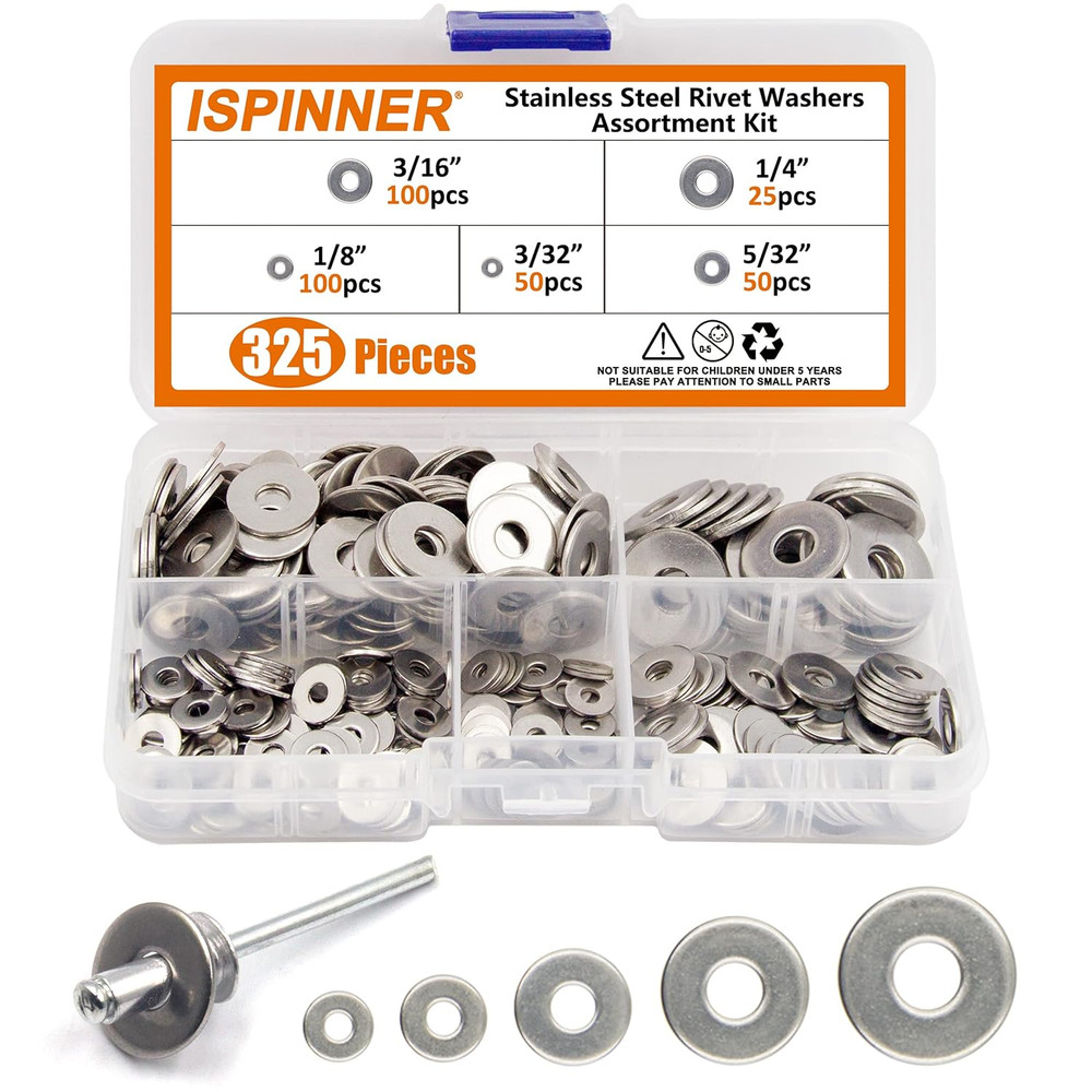 ISPINNER 325Pcs Backup Rivet Washers Assortment Kit, Stainless Steel Washers for