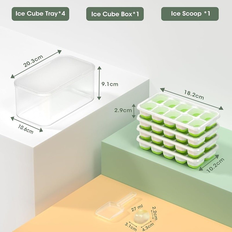 Stackable Ice Cube Tray Set W/ Lid Scoop & Storage Bin Freezer Organization New