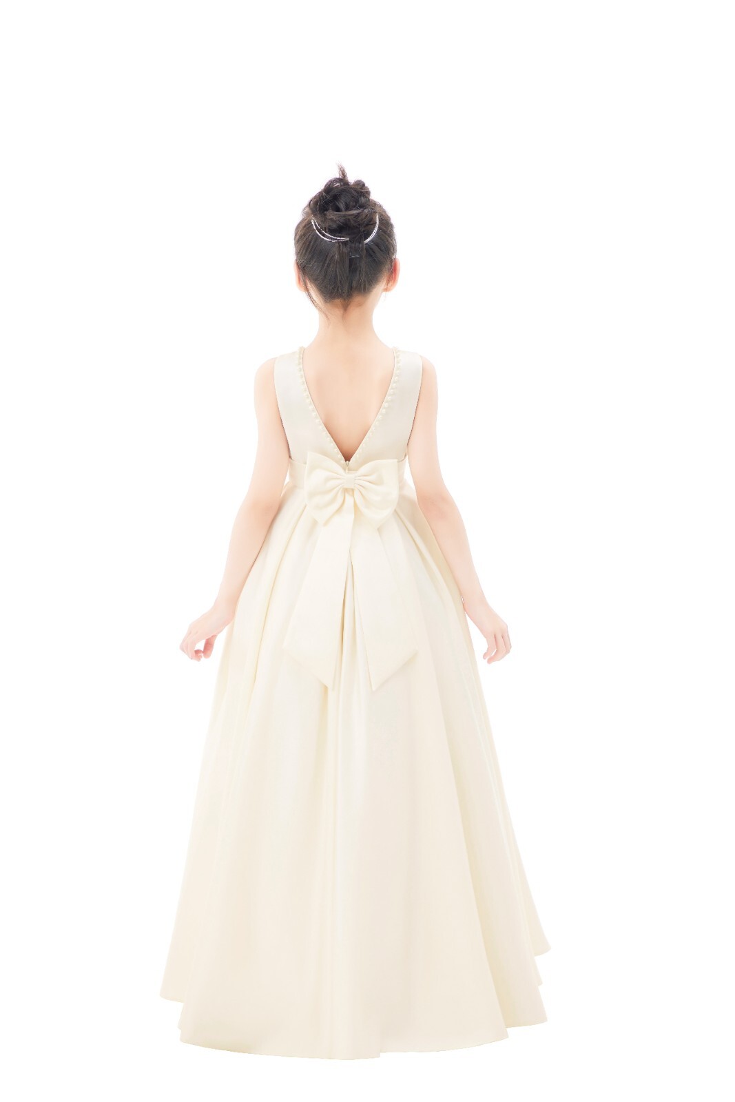 Backless A-line Satin Flower Girl Dress with Pearl Beaded Trim Party Dresses