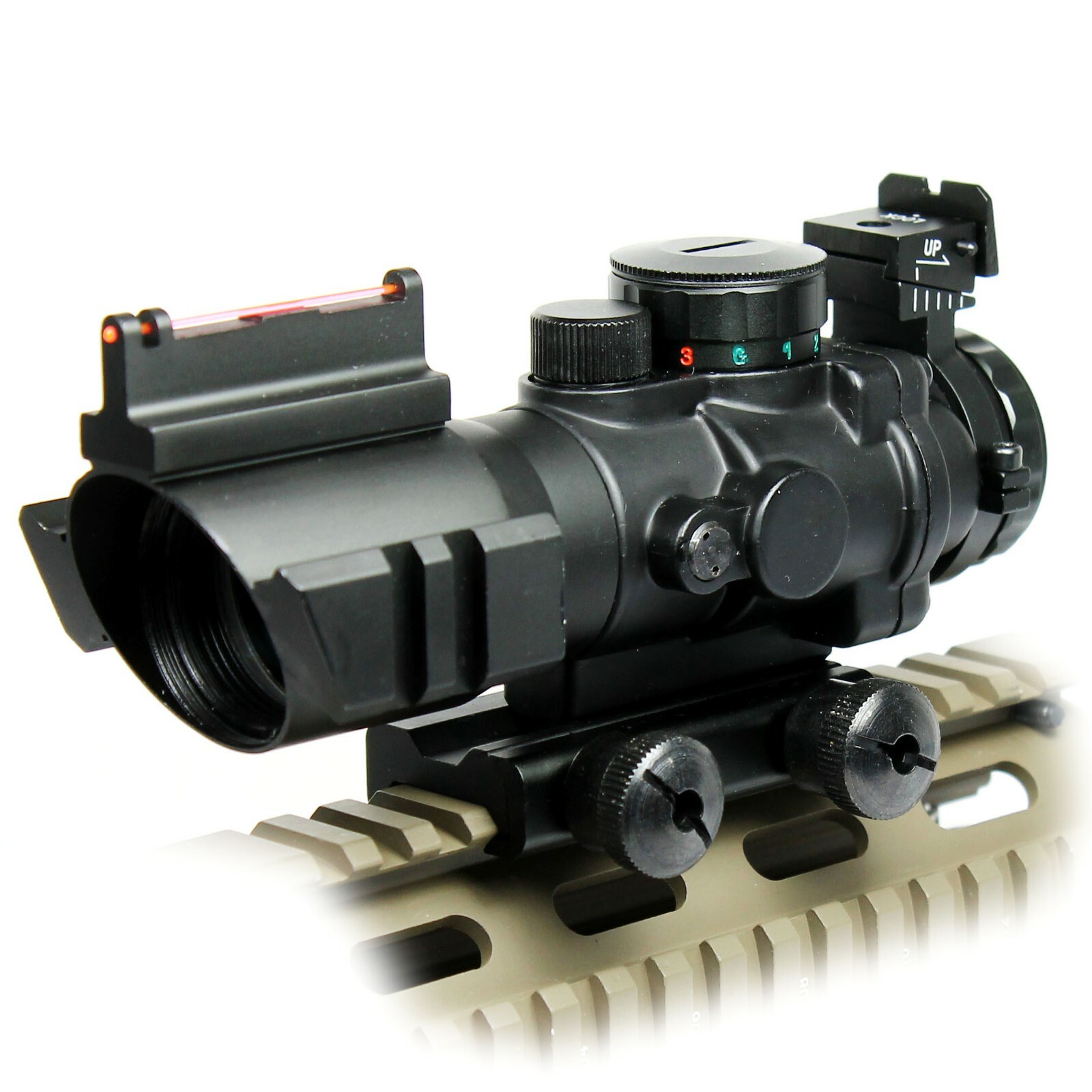 Tactical 4X32 Rifle Scope Fiber Optic Sight & illuminated Chevron Range Recticle