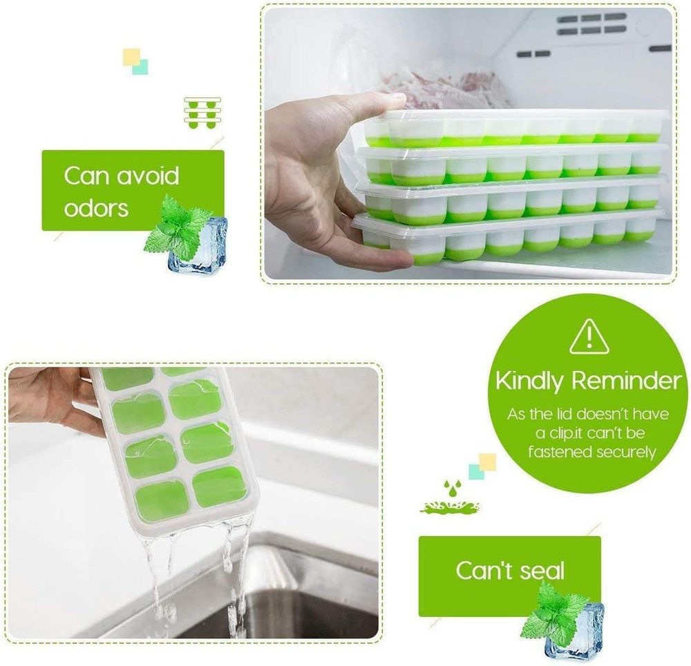 Ice Cube Trays Silicone 2 Pack & Lid Easy Release Stackable BPA Free Durable
