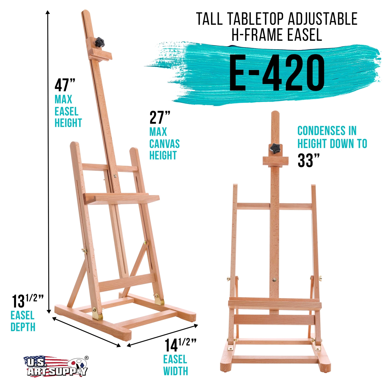 U.S. Art Supply Medium Tabletop Wooden H-Frame Studio Easel Adjustable Beechwood