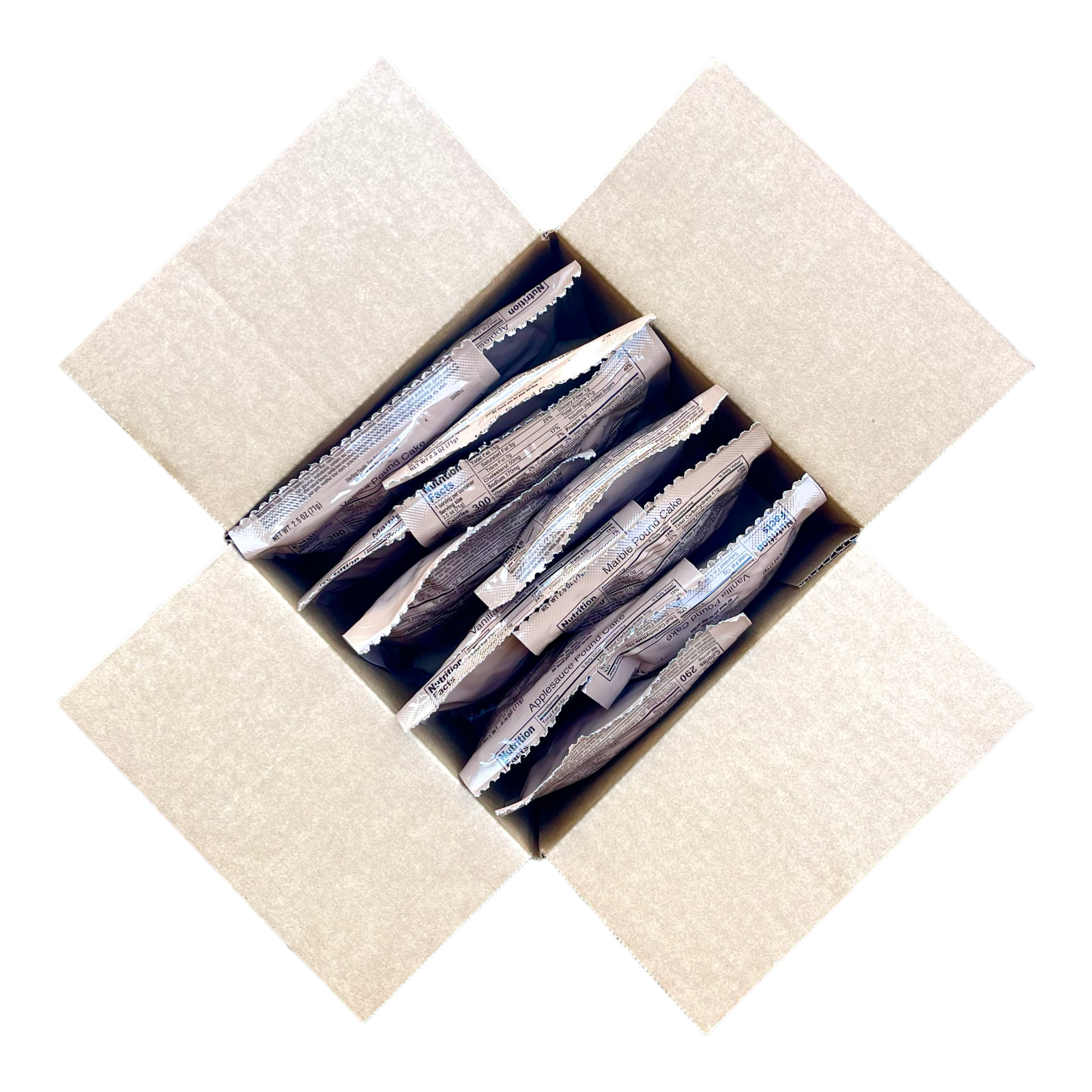 Military MRE Pound Cake Variety Pack: Vanilla, Marble, Applesauce.