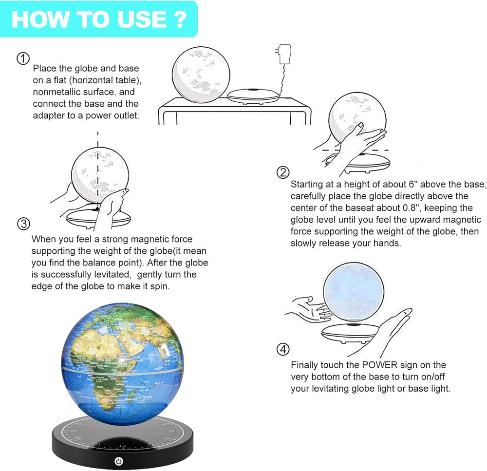 Floating Globe, Magnetic Levitating Globe with LED Light, 360° Rotating Geograph