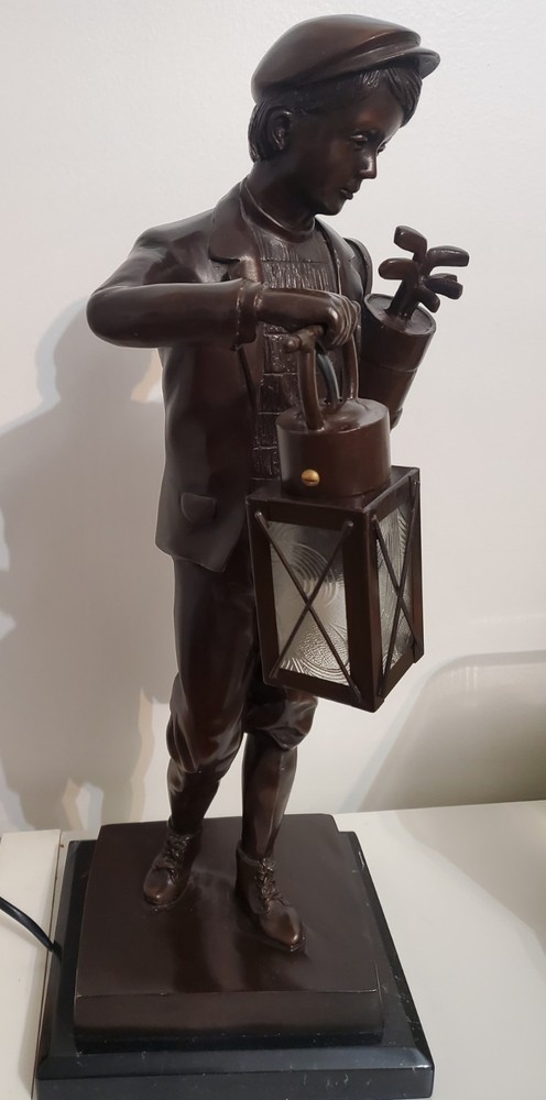 Bronze Boy Golfer Caddy Lantern Light Statue H 23"