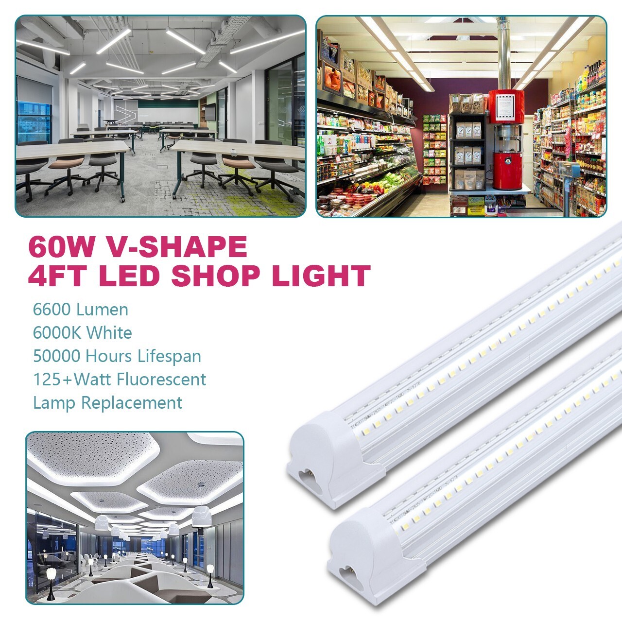 12 Pack 4FT 60W LED Linkable Shop Ceiling Light Super Bright Daylight 6000K