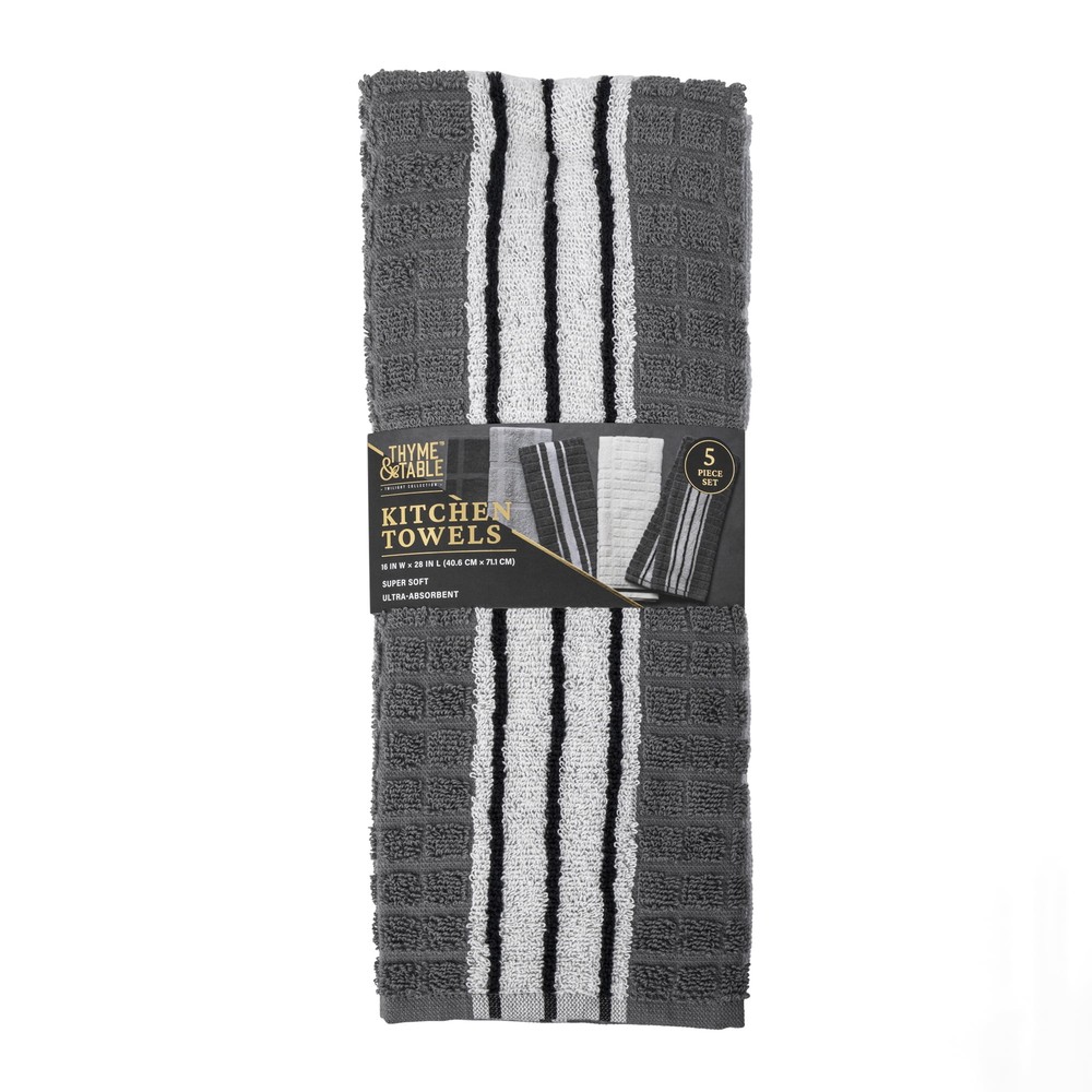 Kitchen Towels, Gray & White, 5 Pack Set