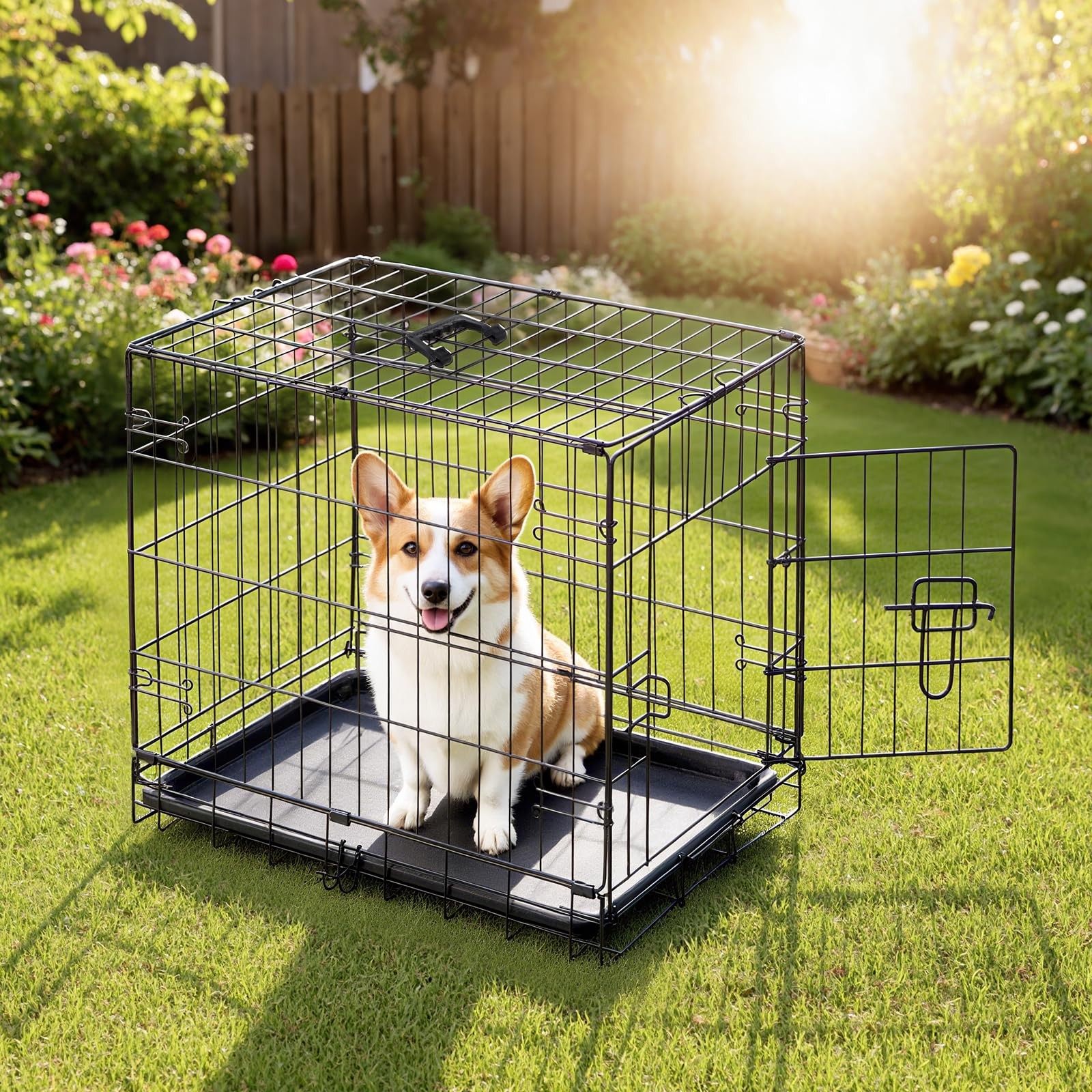 24 Inch Dog Crate Small Folding Metal Wire Cage w/ Leak Proof Tray