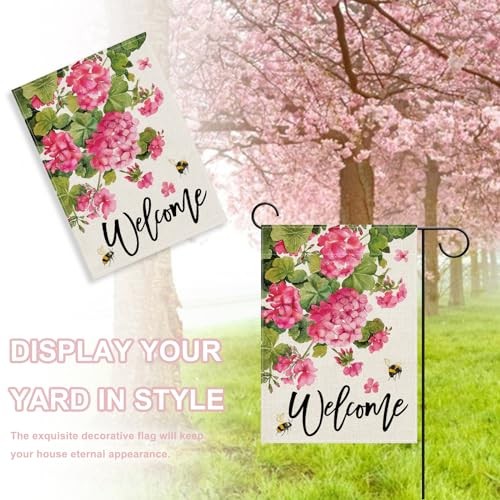 Welcome Spring Summer Geranium Decorative Garden Flag, 12" x 18" Pink Geranium