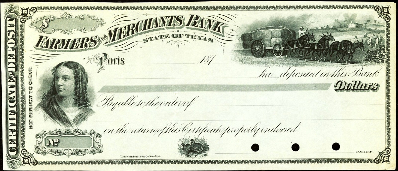 TX PARIS Texas The Farmers and Merchants Bank 1870s Certificate of Deposit
