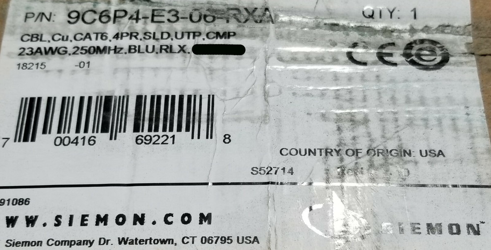 Siemon 9C6P4-E3-06 23/4P System 6 Cat6 UTP Plenum Network Cable Blue /100ft