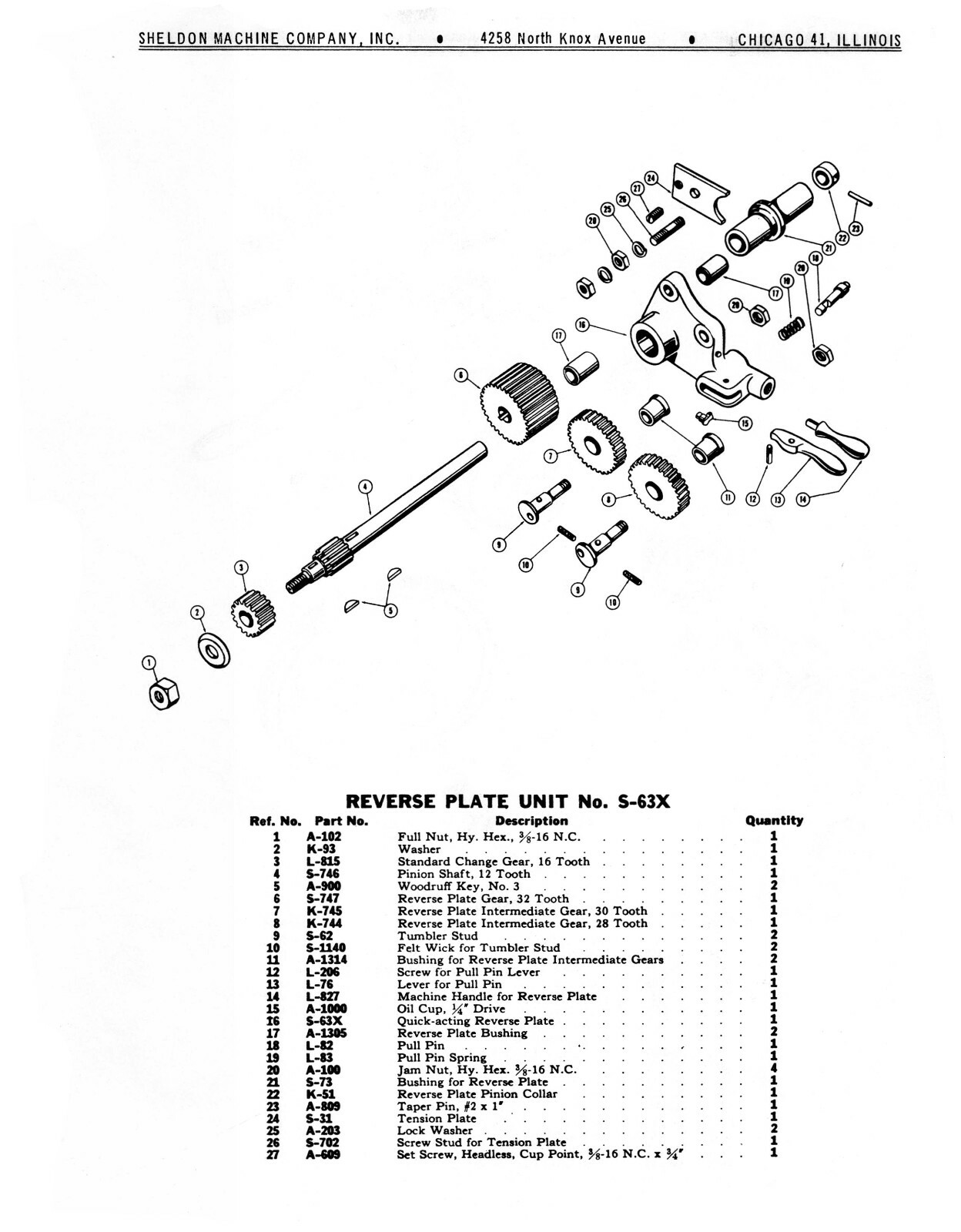 Sheldon 11" Lathe Models S-56 & KS Replacement Parts List Manual #1208