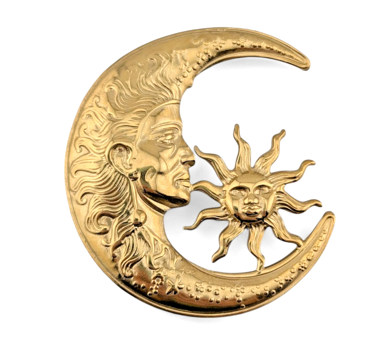 CELESTIAL SUN MOON BROOCH face 90s retroshiny stamped goldtone pin L4