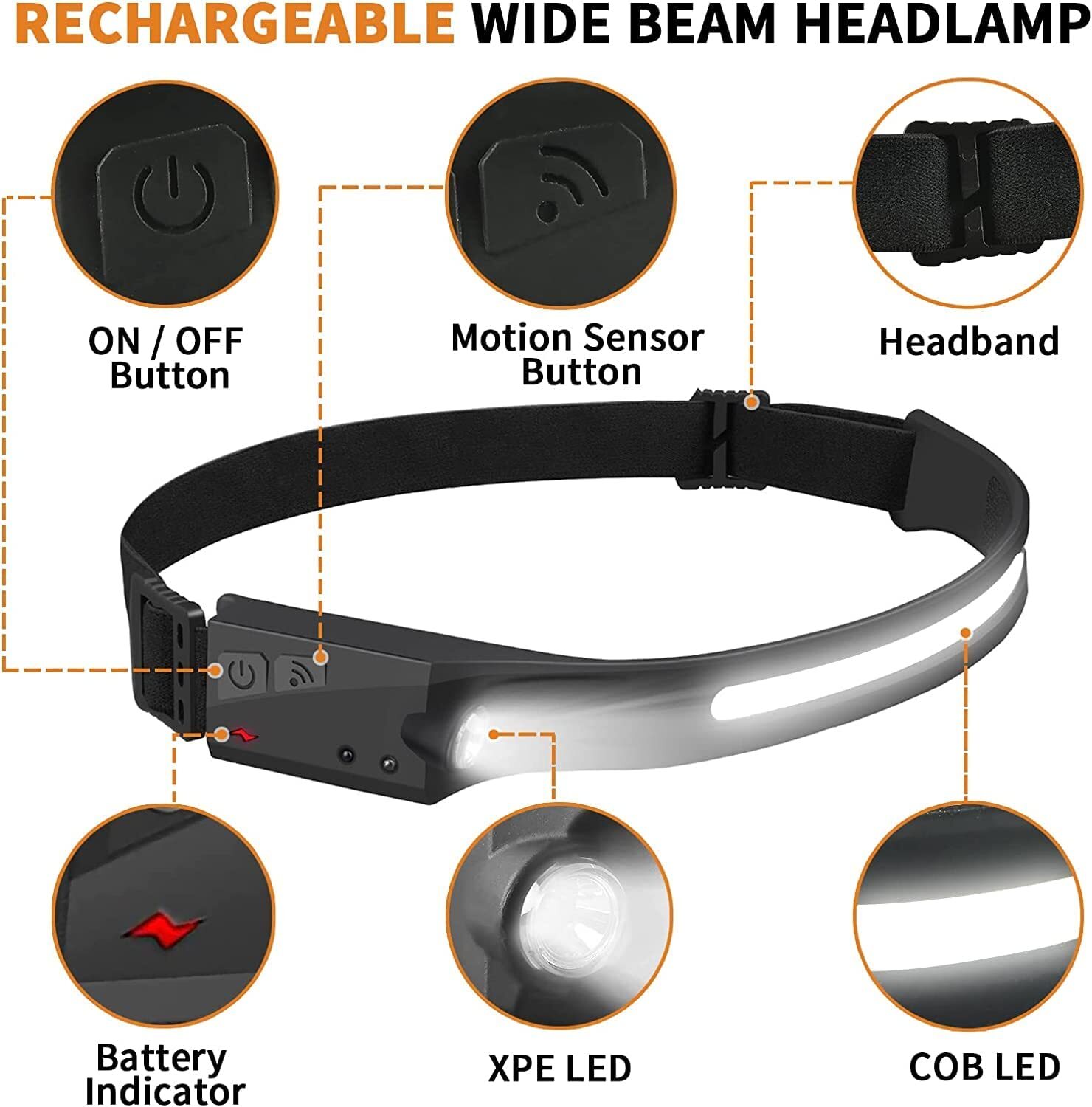 COB LED Headlamp USB Rechargeable Headlight Bar Head Band Torch Work Light 6000K