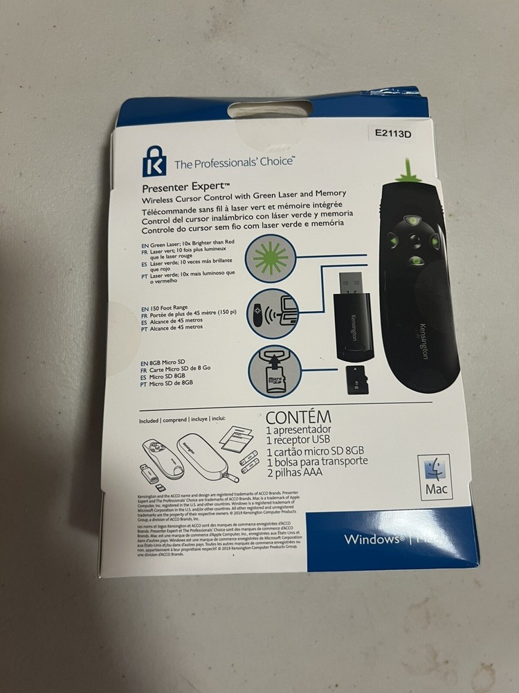 Kensington Expert Wireless Presenter with Green Laser Pointer and Cursor Control