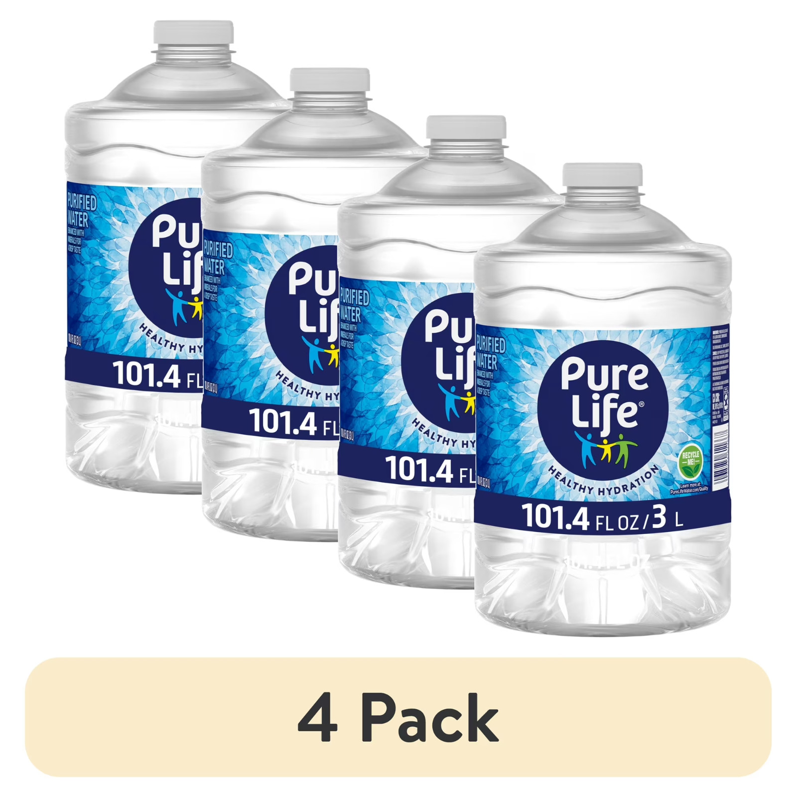 (4 pack) Pure Life Purified Water, 3 Liter, Single Plastic Jug