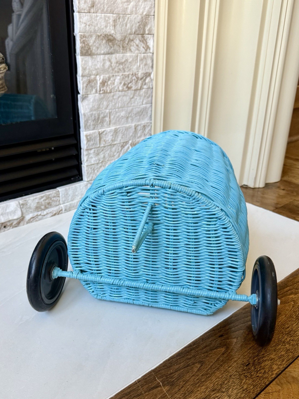 Antropologie Olli Ella Blue Rattan Luggy Cart Trolly Children Kids Wheel Basket