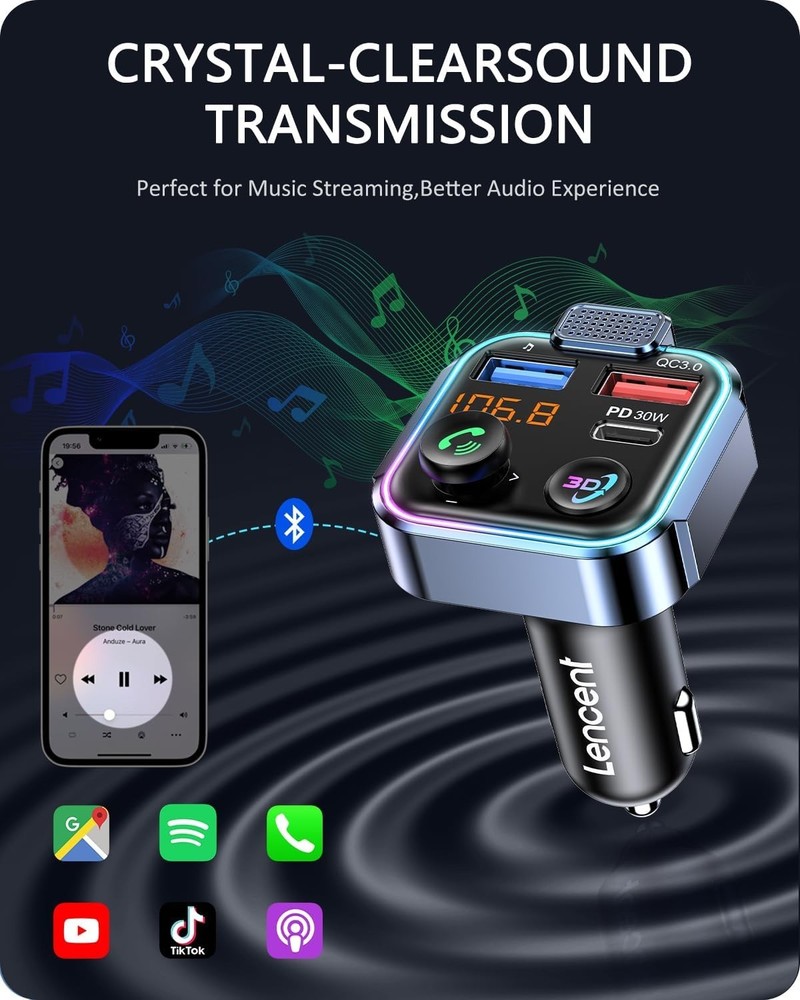 Multi-Function Bluetooth FM Transmitter with 3D Audio, USB Support & LED Design