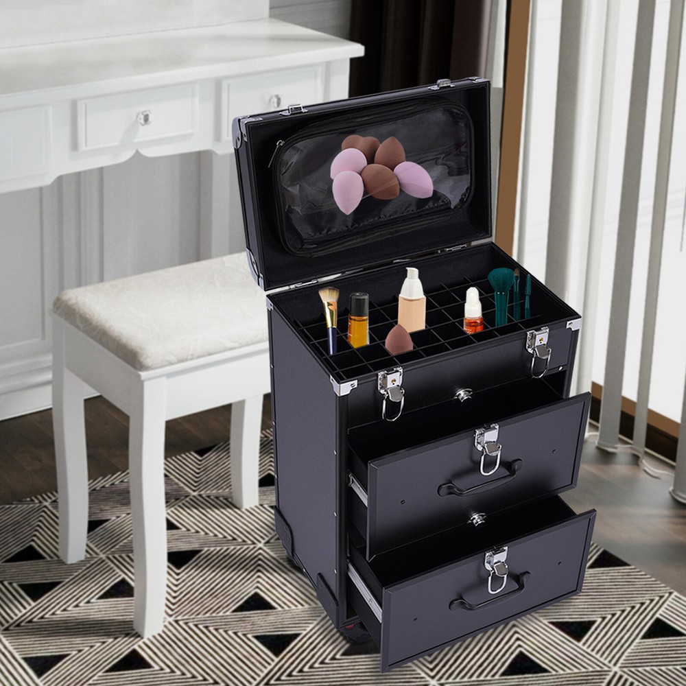 Rolling Cosmetic Storage Case Makeup Train Case Organizer Trolley Lock Black