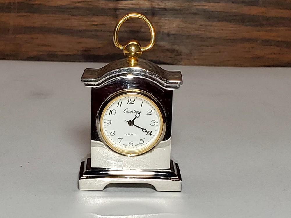 Quartex Brass Miniature Desk / Table Clock 2" Chrome & Gold Plated