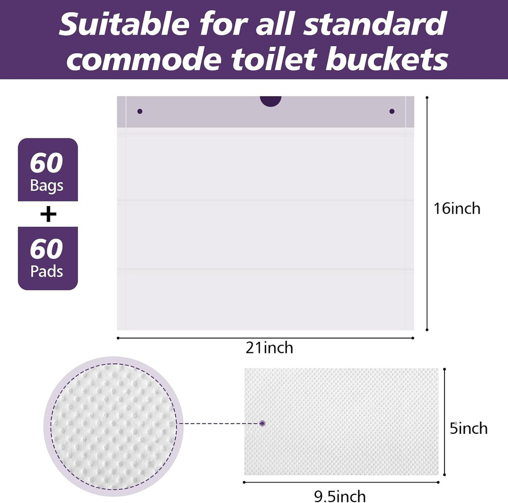 Commode Liners with Absorbent Pads, 60 Commode Liners and 60 Commode Pads, Potty
