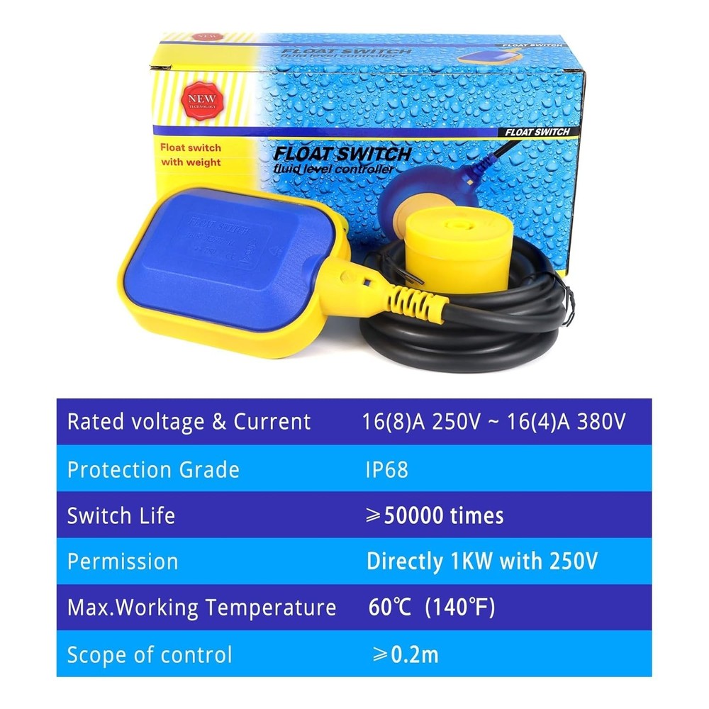 Float Switch, 220V 16A Waterproof Tethered Float Switch & Liquid Level Contro...