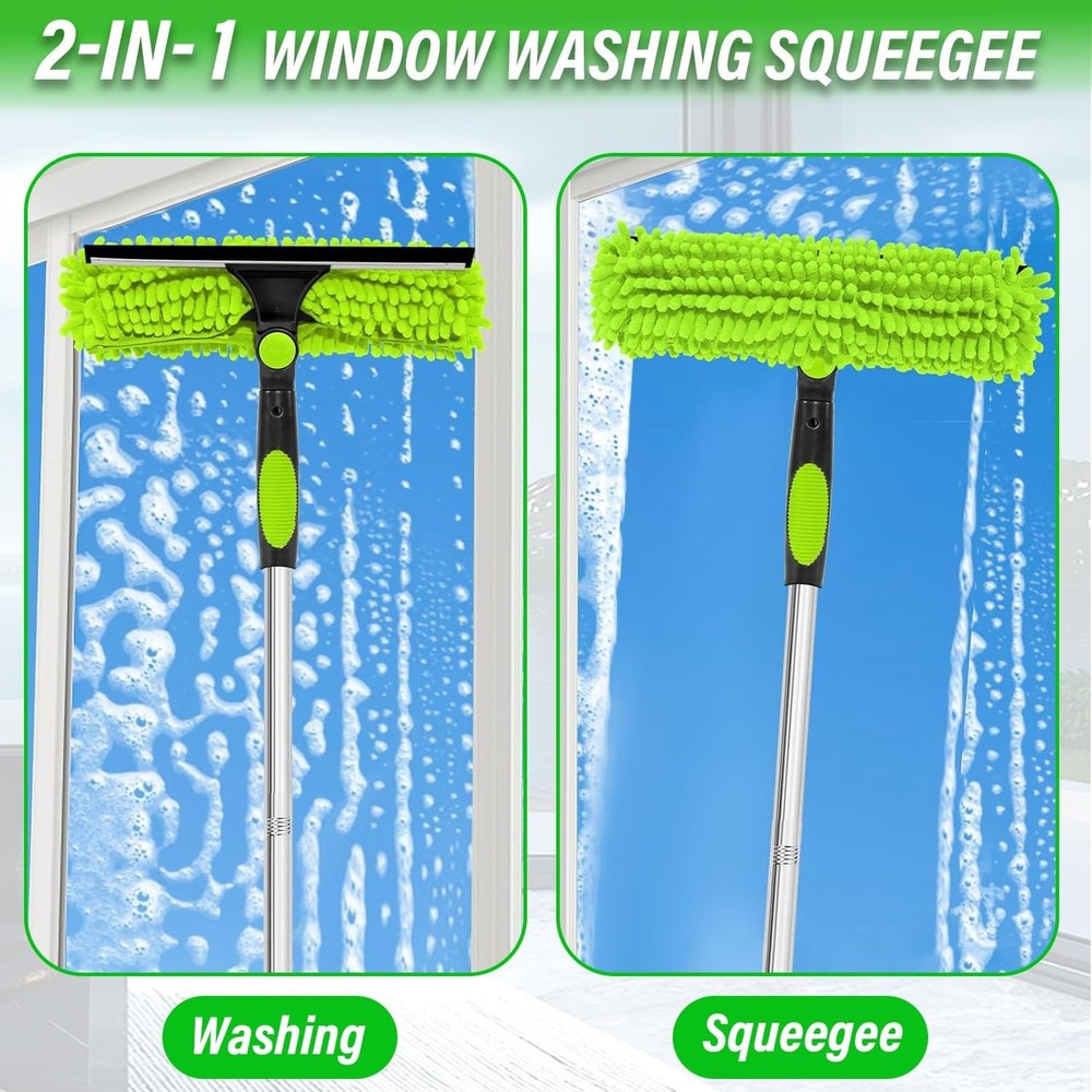10-Section Telescopic Window Cleaner Pole with 2 Microfiber Pads & Squeegee
