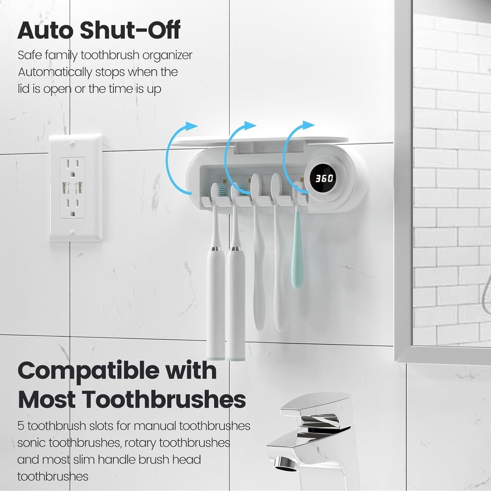 MIMORE Toothbrush Holder, 5 Toothbrush Slots & Timer Function, Cordless Wall Mou
